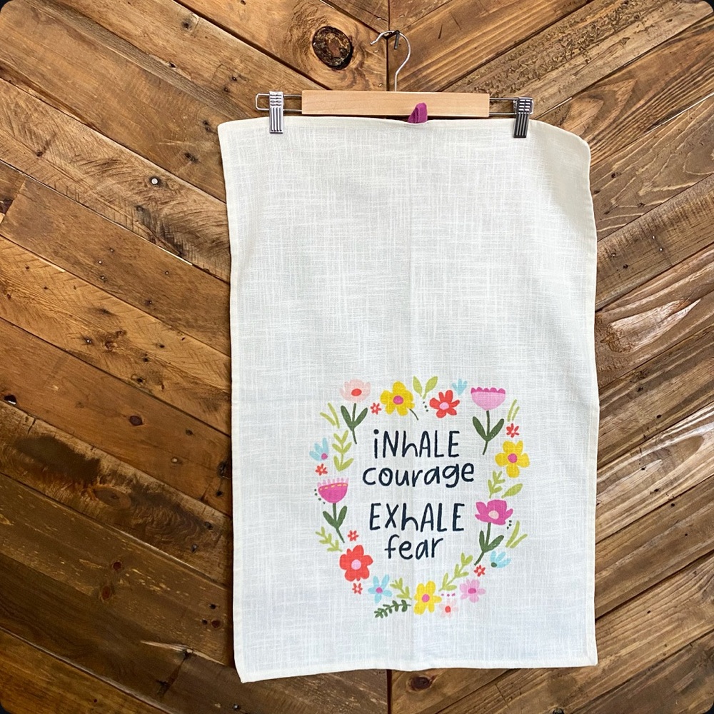 NEW White Linen Tea Towel with Colorful Flower and Motivational Quote Dish Towel